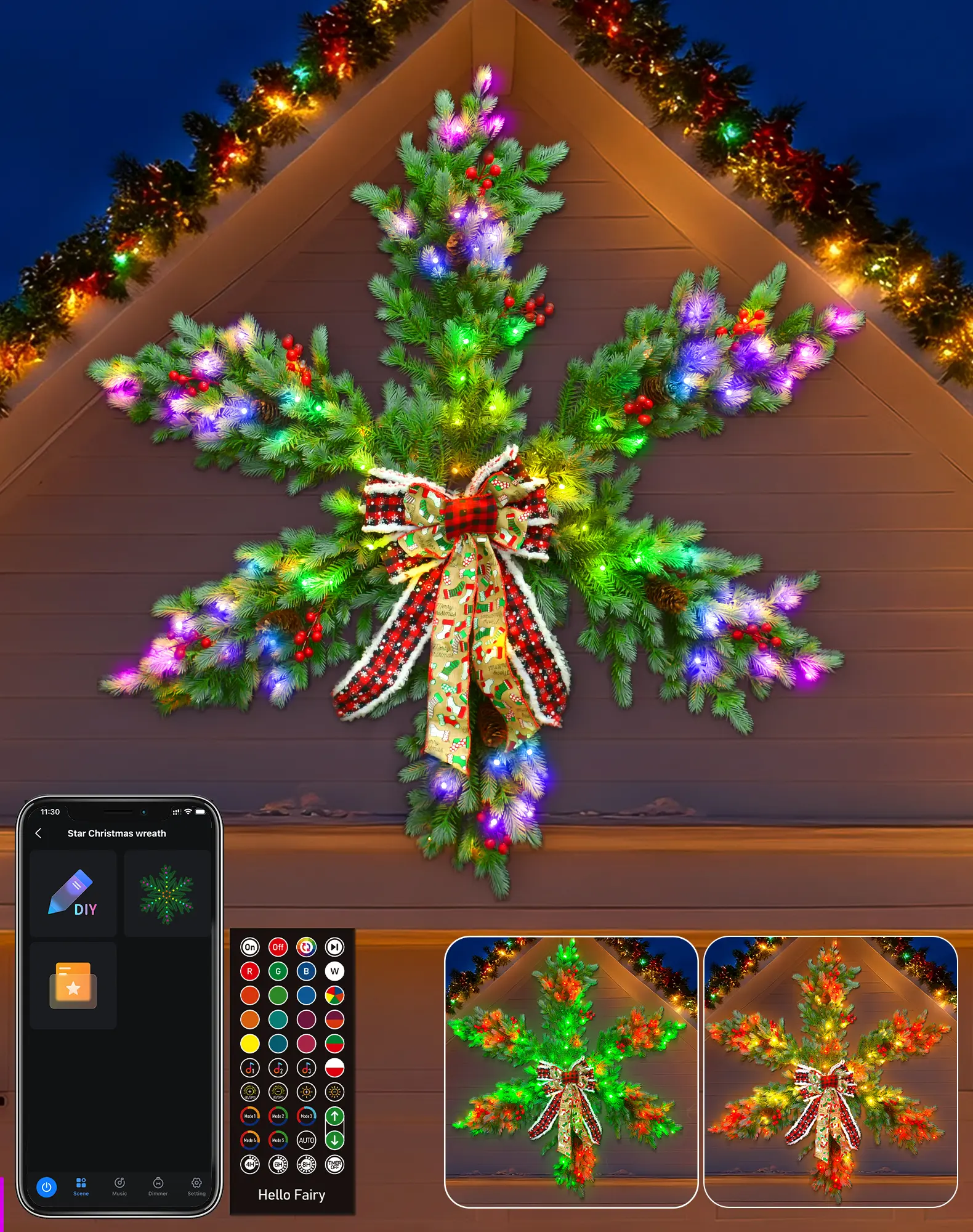 48 in Modern Pre-Lit RGB Light PVC Christmas Wreath with Avatar Smart Controls, Bow, DIY Function, Dimmable Lights, Timer, Music - Giant Outdoor Holiday Decor for Home Front Door Decor, Garage, Wall Hanging, Diy Enthusiasts