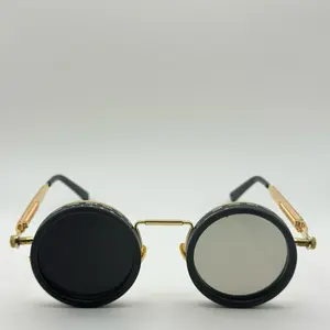 Adjustable Tint Steampunk Sunglasses Rotating Polarized UV400 Retro Goggles for Men Women Gold Frame Black Lenses