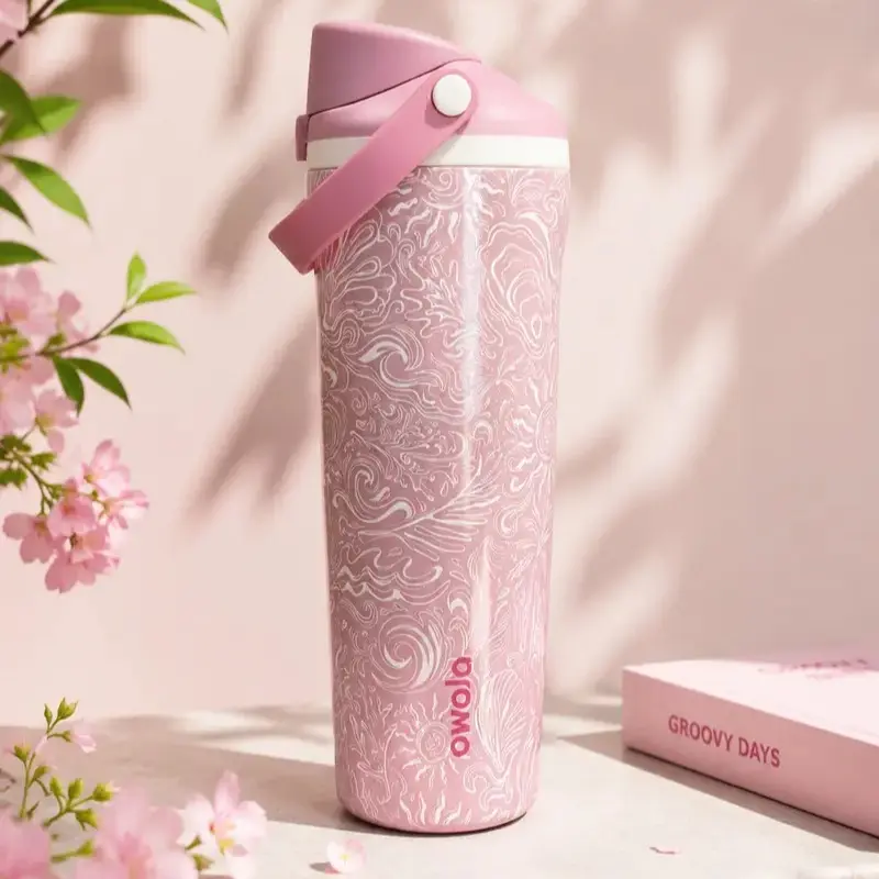 Owala Floral Pink Stainless Steel Water Bottle Leak Proof Cup Holder Friendly for Sports and Travel