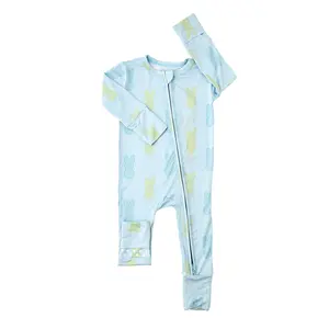 Sage Bunny ZIP Super Soft & Comfortable 2-Way Zipper Bamboo Viscose Baby Easter Romper with Mitten Cuffs & Fold-Over Feet 0-24m