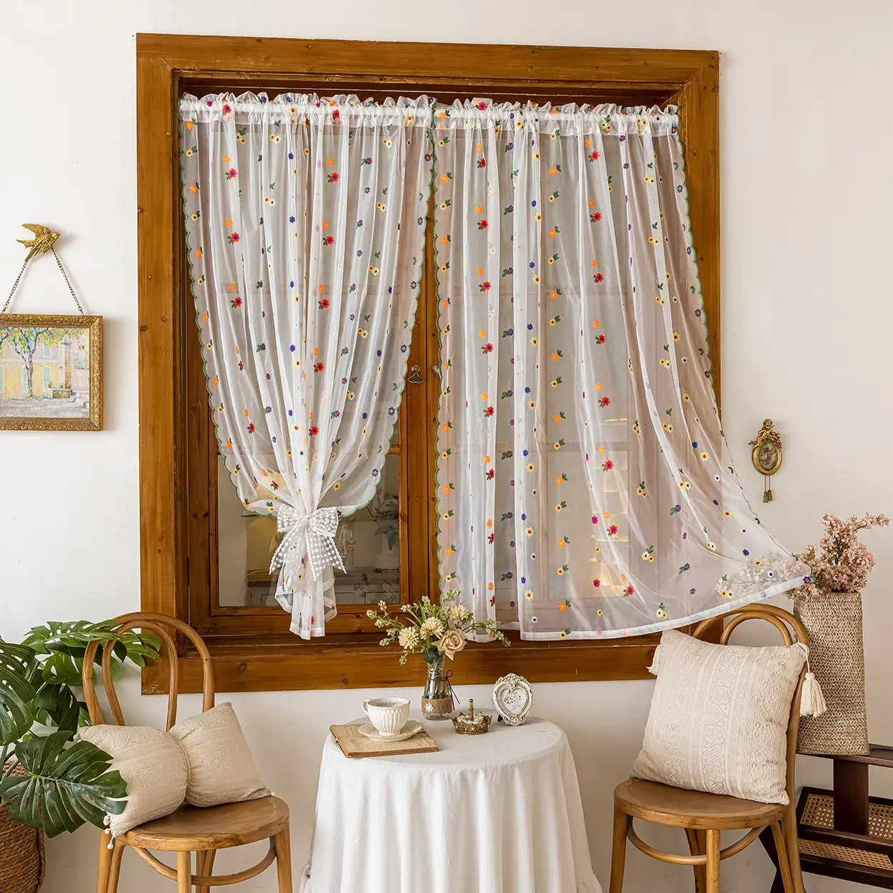 Bohemian Floral Embroidered Sheer Curtain, Window Curtain, Rod Pocket Hanging, Polyester Fabric, Lightweight Breathable, Ideal for Garden, Cottage, Living Room, Bedroom, Balcony, Kitchen
