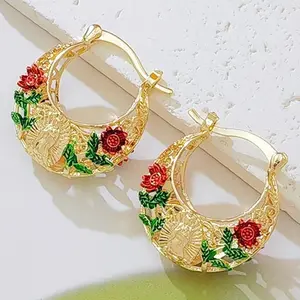 Women's Jewelpop Gold-Plated Floral Hoop Earrings - Enamel Rose, Hollow Design, Vintage Bohemian Costume Jewelry