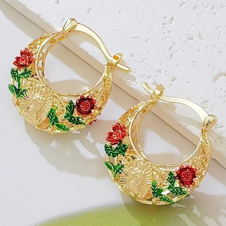 Women's Jewelpop Gold-Plated Floral Hoop Earrings - Enamel Rose, Hollow Design, Vintage Bohemian Costume Jewelry