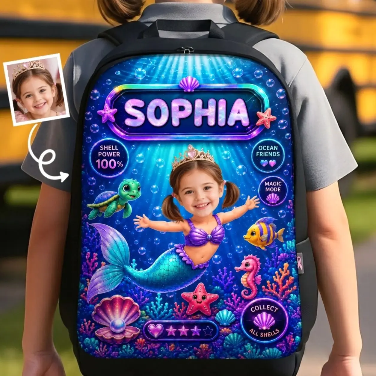 Custom Photo Mermaid Backpack, Personalized Kids School Bag, Back to School Gift
