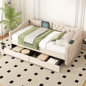 Twin Size Upholstered Wood Daybed with 3-in-1 Functionality, Pull Out Bed, Storage Drawers, Diamond-Tufted Linen, Wing-Back Arms, Mid-Century Design, Beige, 70.92"l x 40.55"w x 32.28"h, 500 lbs Capacity, No Box Spring Needed, Storage Organization, Diamond