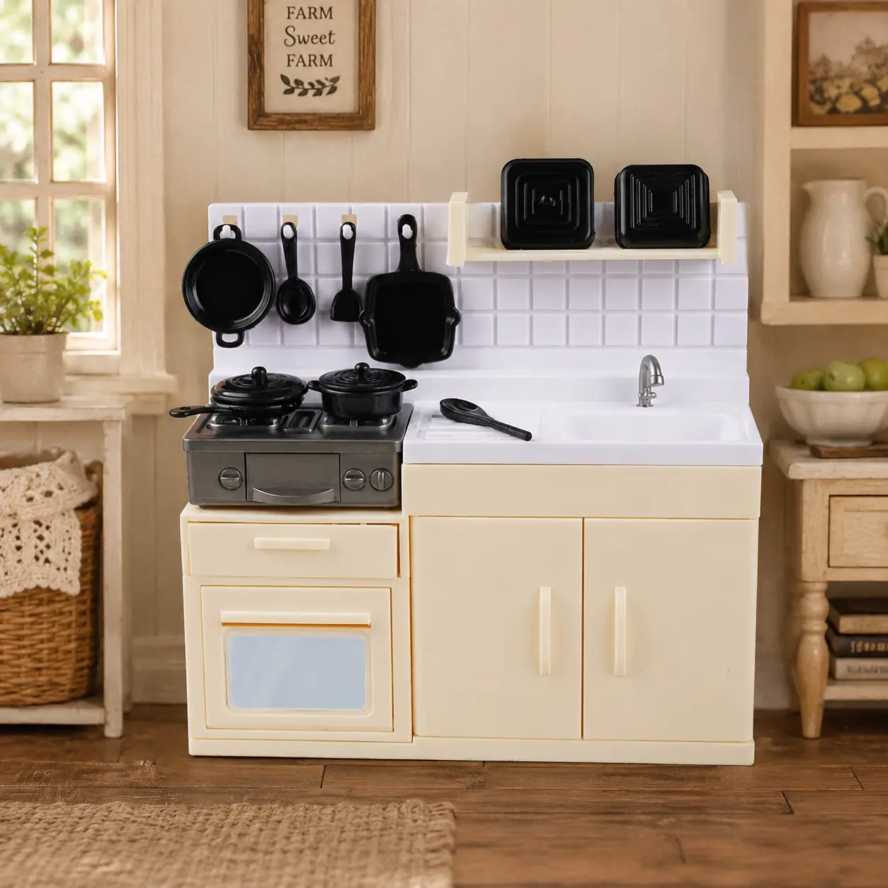 1:12 Miniature Kitchen Stove and Cookware Set Dollhouse Sink Cabinet Furniture
