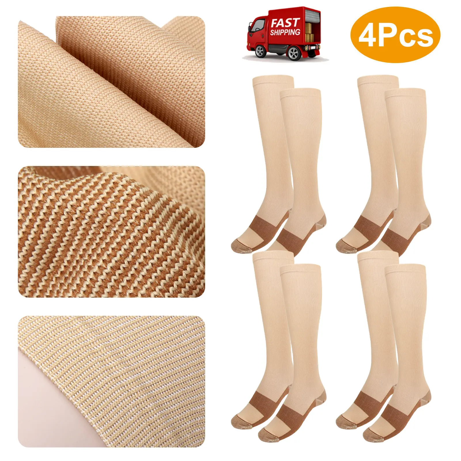 Men's & Women's 4Pcs Copper Compression Socks, 20-30mmHg Graduated Support, Non-Slip L/XL Sports Fit Socks, Athletic Circulation Support for Adults, All-Season Wear, Compression Socks Women