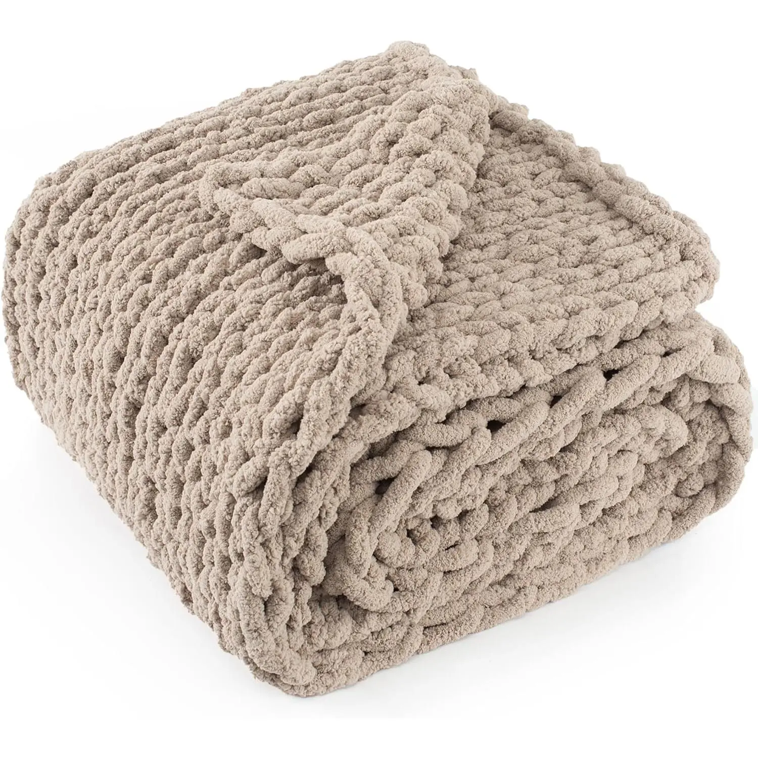 Solid Soft Chunky Chenille Cable-Knitted Throw Blanket - 50x60in, 4.4lbs, 100% Handmade, Durable, Modern, Breathable Rope Knot Crochet Couch Throw, Machine Washable, Taupe for Housewarmings, Chenille Blend, 50X60 Inch