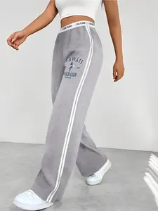 High Waist Sporty Print Jogger Pants, Loose-Fit Breathable Fabric, All-Season Comfort, Side Stripe Design, Ideal for Outdoor Activities