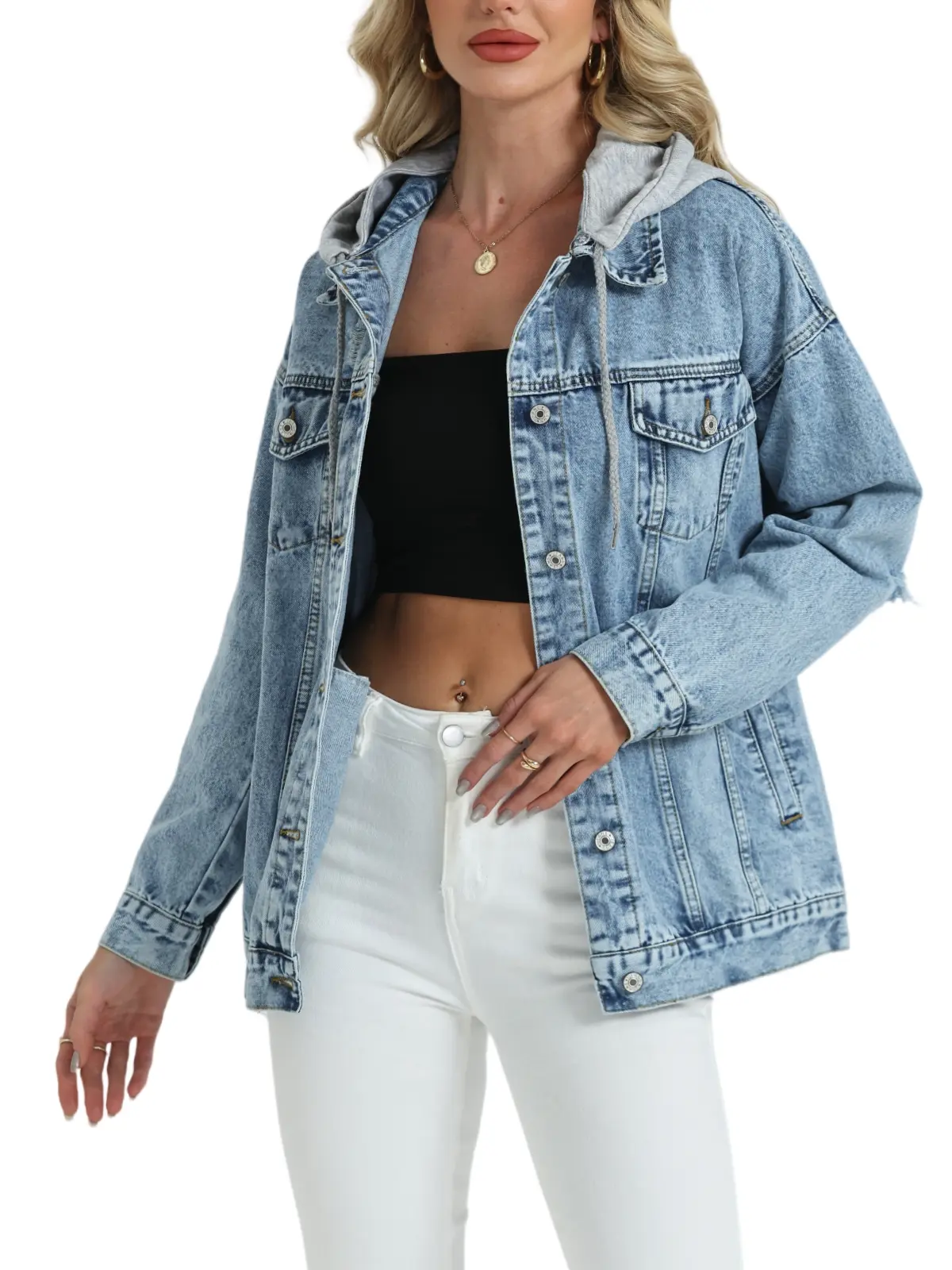Women's Basic Casual Collared Oversized Denim Trucker Jacket - Long, Distressed, Ripped Coat With Detachable Hood