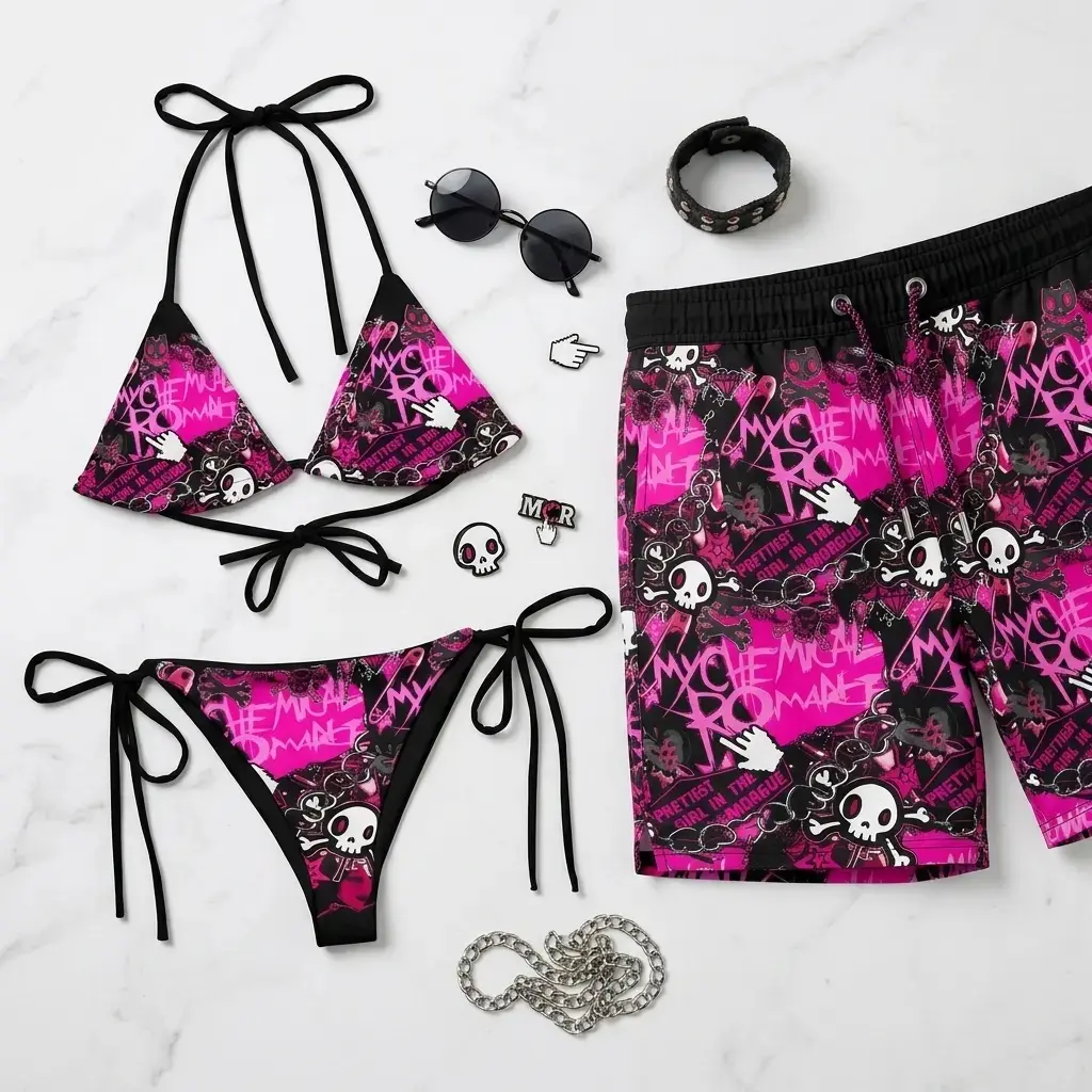 Matching Couple Y2K Gothic Swimwear Set – Scene Emo Bikini & Men's Swim Trunks, Alternative Aesthetic Summer Beachwear, His & Hers Vacation Swimsuits