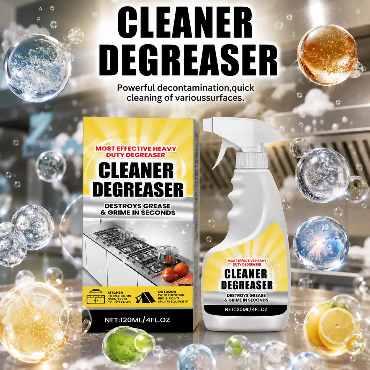 Heavy Duty CLEANER DEGREASER Spray 120ml, Powerful Kitchen Grease Cleaner for Stove Tops, Ovens, Range Hoods & Countertops, Fast Removal of Tough Oil Stains and Burnt Grease