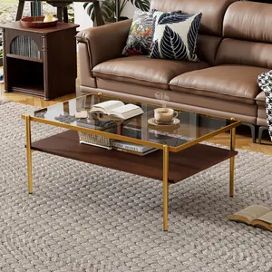 Modern Gray Tempered Glass Coffee Table with Gold Legs, Elegant Rectangle Sofa Table for Living Room, Small Space，Sturdy Luxury Center Table