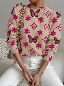 Women's Butterfly Geometric Pattern Knit Sweater, Casual Long Sleeve Top for Fall & Winter, Comfortable and Warm Daily Wear