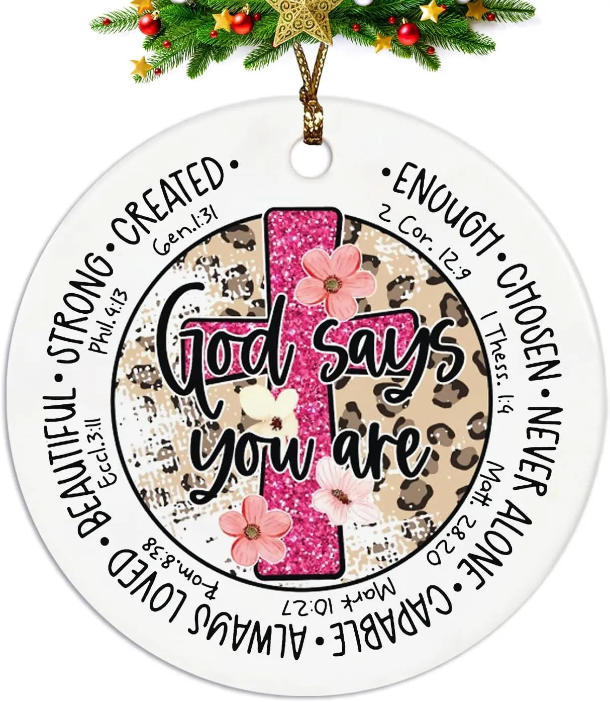 Christian Christmas Ornaments, God Says You are Scripture Floral Ceramic Christmas Xmas Ornament Keepsake Decorations, Inspirational Christian Gifts for Women Teen Girls