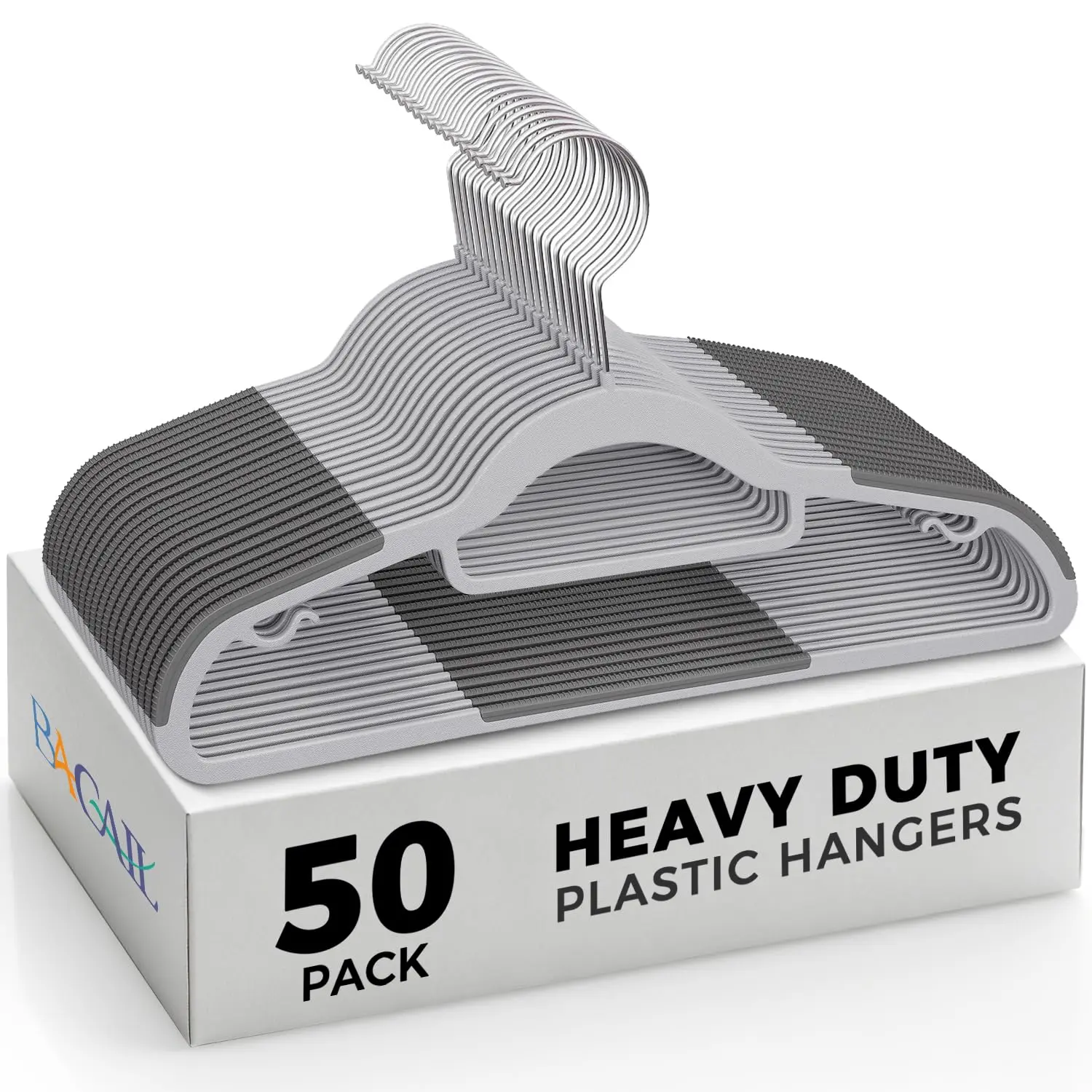 Heavy Duty Standard Plastic Hangers 50 Pack with Non-Slip Design,360°Swivel Hook Space Saving Organizer for Bedroom Closet,Shirts,Pants,Strong Enough for Coat(Grey)