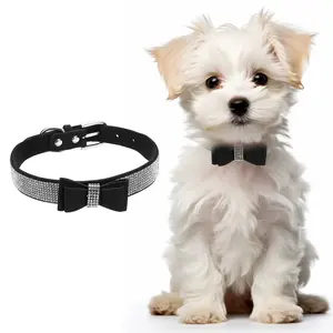 PETAXCELL Cute Dog Collar with Bling Rhinestone, Bling Dog Collar Adjustable Leather Diamond Sparkling Jewel Accessories 20", (Black), Intended for Teacup / Cat / Small Medium Large Pet