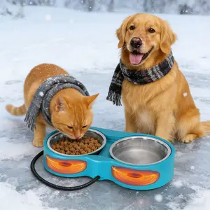 Heated Water Bowl, Double Stainless Steel Heated Dog Bowl for Outdoor Use, 46 OZ Total & Chew Proof Cord, Winter Warm Water & Food Bowl for Pets Bird Chicken UL Certified automatic hcateated cat bowl drinking dog water bowl