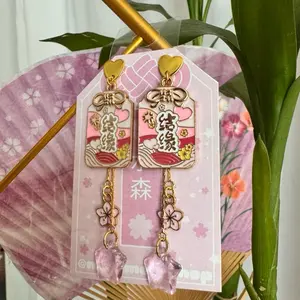 Omanor Enamel Charm Cherry Blossom Gold Dangle Earrings with Elegant Sakura Design and Heart-Shaped Charms