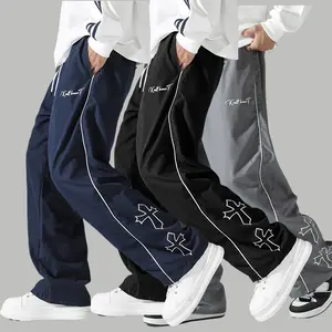 Men's Y2K Cross Print Baggy Parachute Pants - Elastic Waist Wide Leg Streetwear Joggers with Drawstring
