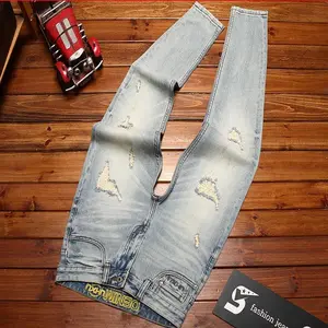 Ripped patch jeans men's fashionable streetwear slim fit small feet washed retro nostalgic stretch denim pants