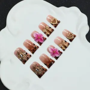 10 handmade nails, short, duck shaped, brown, water droplet, relief, French nail art, 3D leopard print decoration, including nail tools, suitable for women and girls to attend parties, summer nails, travel, vacation, music festival nail supplies