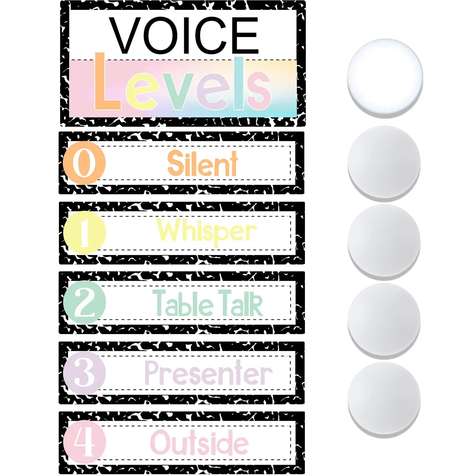 5 Pcs Push Light and Magnetic Voice Level Chart Poster Composition Notebook Classroom Decor LED Tap Light Voice Chart Noise Level Rules Sign for Classroom Teachers Back to School Supplies