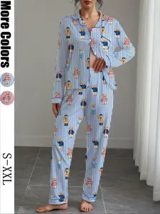 Women's Fall Winter Home Set, Cute Bear Print, Soft Fabric, Party Sleepwear, Buttoned Long Sleeve Top and Elastic Pants, Casual Outdoor Wear