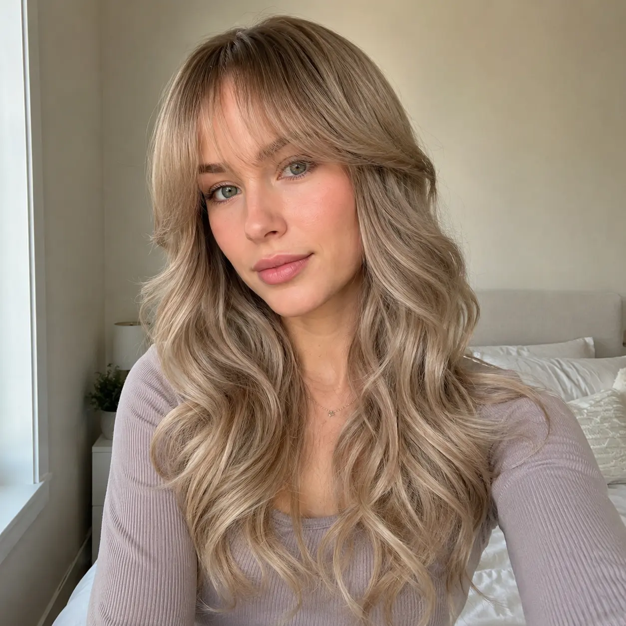 Cassie - OnNat One Brush Blowout Wig | 22-inch Shadow Rooted Balayage Loose Waves Glueless Pre-cut Wig With Bangs Knotless Premium Scalp-Like Design On-ready Effortless Salon Face-framing Style Breathable Cap For All Day Comfort blonde synthetic wig