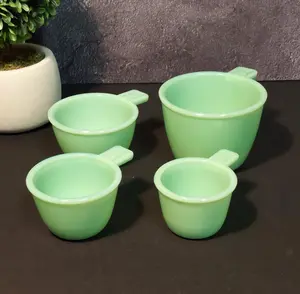 Jadeite Green Depression Style Glass 4 PC Nesting Measuring Cup Set w/ Markers - Vintage, Art Deco, Kitchenware, Farmhouse, Cooking, Bowl
