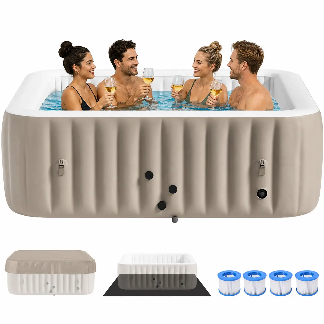 ABORON 4-6 Person Inflatable Hot Tub,Pool Square Portable Outdoor Spa Blow Up Hot Tub, with 130 Strong Air Jets, Leak-Proof PVC,Brown summerwins