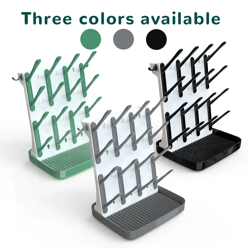 Large Bottle Drying Rack with Drain Mat, Bottle Holders, 15 Hooks Vertical Rack Dryer with Removable Pacifiers Box, Drip Tray, Space Saving Countertop Holder Organizer for Weighted Straws, Pump Parts