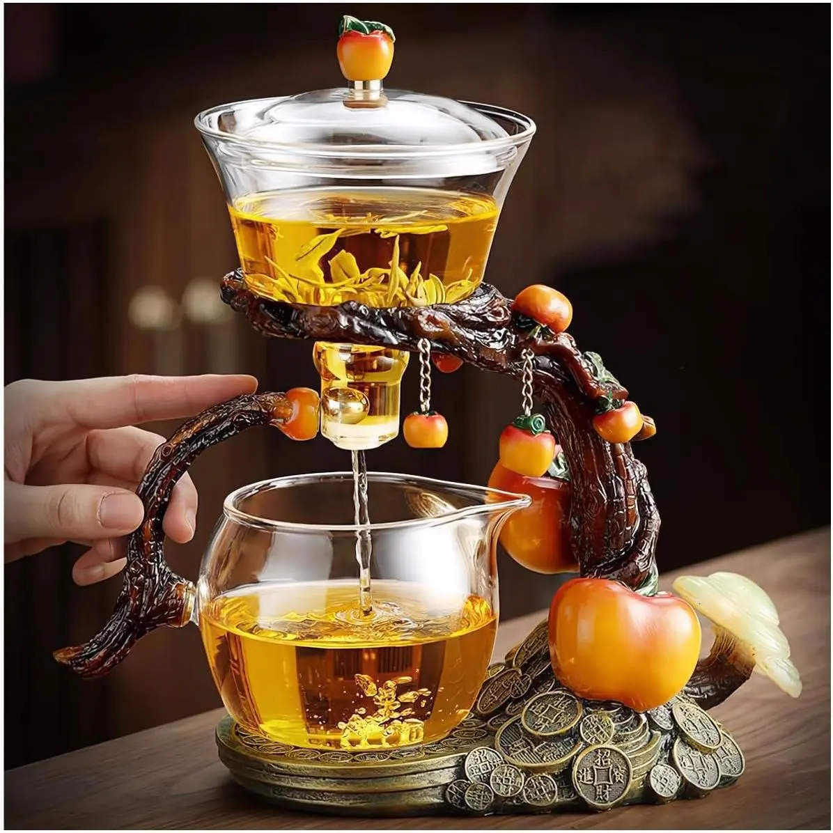 Transparent Semi-Automatic Magnetic Kungfu Glass Teapot Set - Stainless Steel Hawk Spout, Heat-Resistant Drip Design, Magnetically Rotatable Cover Bowl, Included Residue-Free Filter, for Home Leisure & Artistic Decorations