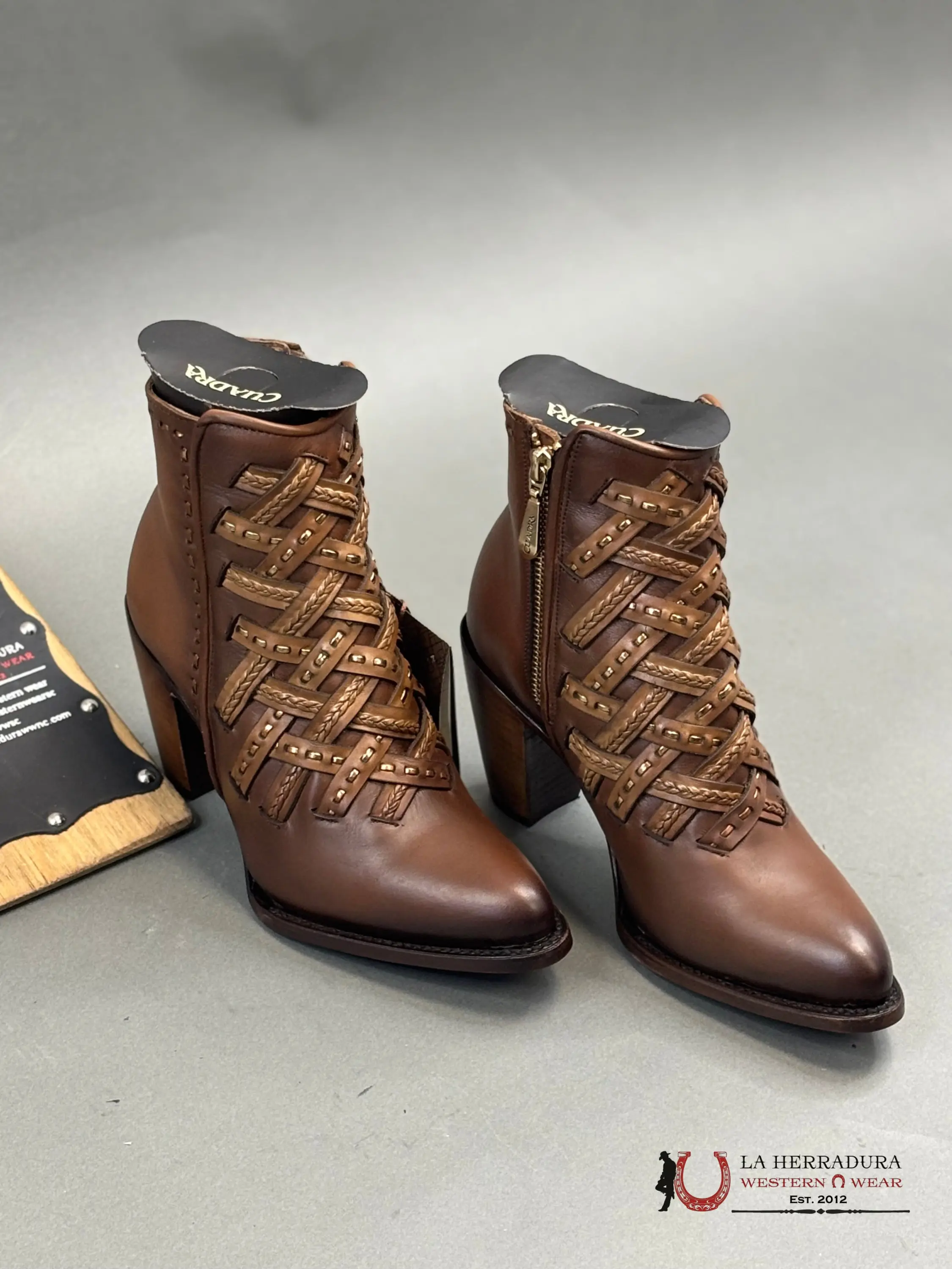 Women's Heeled Western Boots - Chestnut Cowhide Leather Toledo CU573 Square Toe Shoes with Lasered Cut, Embroidery Details for Unique Look