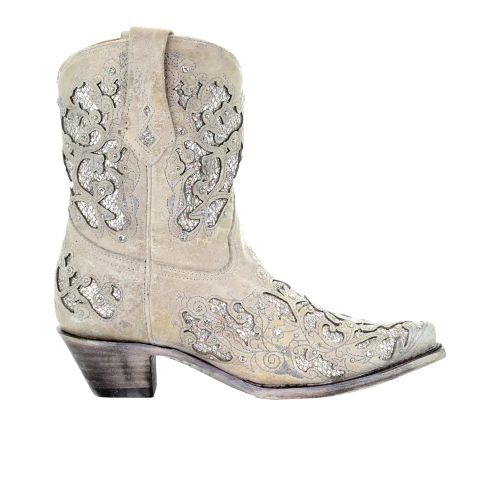 Corral Boots Womens Glitter Rhinestone Pull On Snip Toe  Casual Boots Ankle Low Heel 1-2" - Off White
