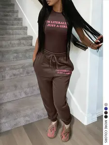 Women's Fashion Womenswear Casual Colorblock Letter Print Round Neck Short Sleeve Fitted Tee and Waist Drawstring Pants Two-Piece Matching Set Outfit