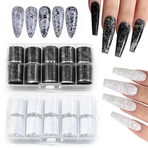 2 Box 20 Rolls Lace Nail Foil Transfer Sheets Black White Floral Starry Nail Art Stickers Rose Daisy Leaf Decals Lace Foil Decal