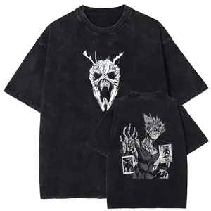 One Punch Man Garou Washed Vintage T-Shirt, Front & Back Anime Graphic Print Tee, Unisex Black Oversized Casual Cotton Streetwear for Manga Fans