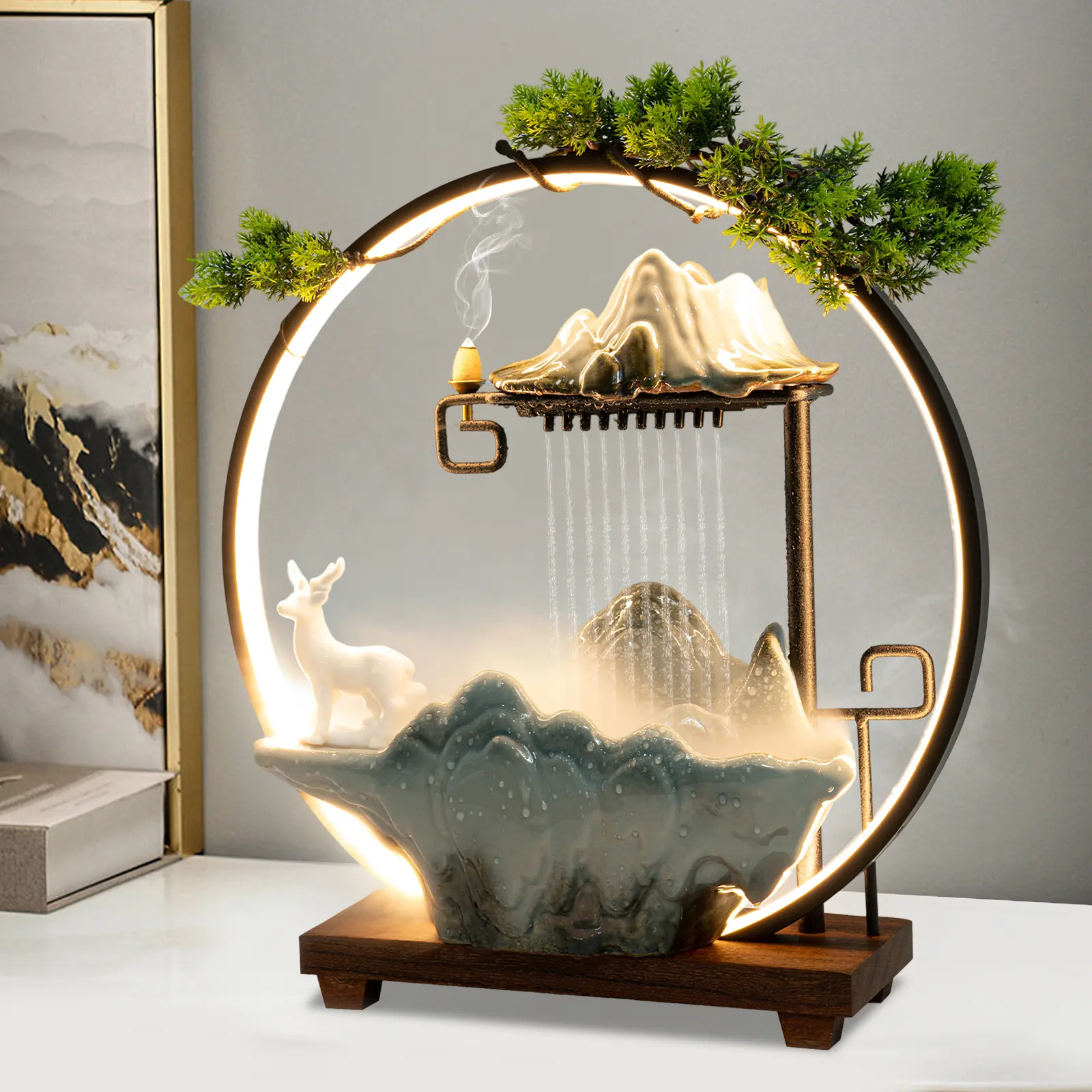 Wooden Ceramic Indoor Tabletop Water Fountain - LED Light Mist Maker, Backflow Incense Burner, Low-Noise Deer Waterfall Ornaments for Home, Meditation