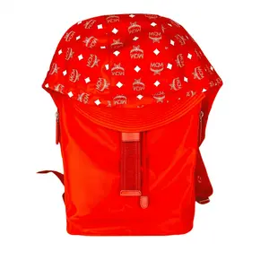 Pre-owned MCM Nylon Backpacks Orange Red Luft Hoodie Detachable Hood Backpack