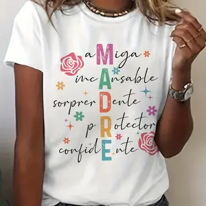 Women's Spanish Mama Madre Graphic Print T-Shirt - Colorful Floral & Star Design, Soft Stretch Crew Neck Casual Top for Summer & Spring, Machine Washable White CLL T-shirts-2895
