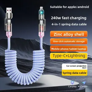 240W 4-in-1 Retractable Coiled Charging Cable, 2M Fast Charging Spring Cord with RGB Ambient Light & Fresh Scent, Universal USB C to Lightning/USB A to Type C Cable for iPhone 17/16/15/14, MacBook, iPad, Android, Laptop