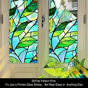 1PC, 2D Flat green leaf fluttering pattern frosted glass window film, transparent PVC adhesive glass door and window decoration, removable and reusable glass stickers. 17.71x39.37 inches (45x100 cm), suitable for home, kitchen, room, indoor festival party
