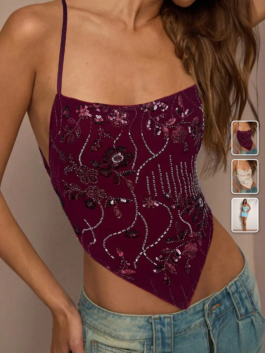 Sequin Cropped Top Backless Embroidered Gold 70s Disco Party Festival Summer Outfit