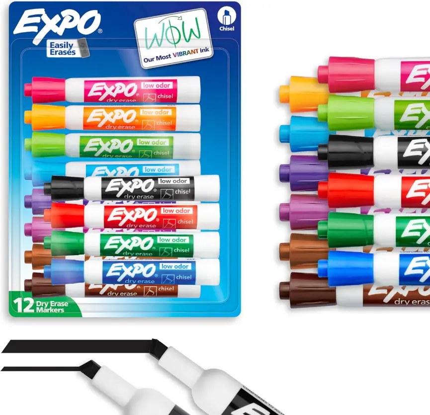 EXPO Low Odor Dry Erase Markers Chisel Tip Assorted Colors 12 Count