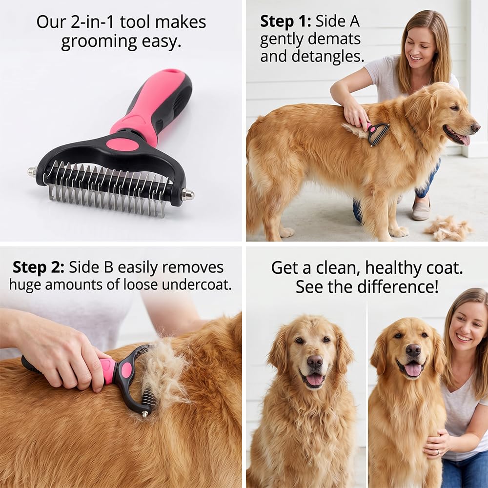 Pet Grooming Brush-Double Sided Hurtless Shedding and Dematting Undercoat Rake Comb for Dogs and Cats, No More Nasty Shedding or Flying Hair Pet Grooming Brush-Double Sided Hurtless Shedding and Dematting Undercoat Rake Comb for Dogs and Cats, No More Nasty Shedding or Flying Hair
