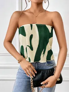 Women's Graphic Print Pleated Strapless Fitted Short Tube Top, Elegant Fashion Casual Sleeveless Top for Daily Outdoor Wear, Ladies Clothes for All Seasons