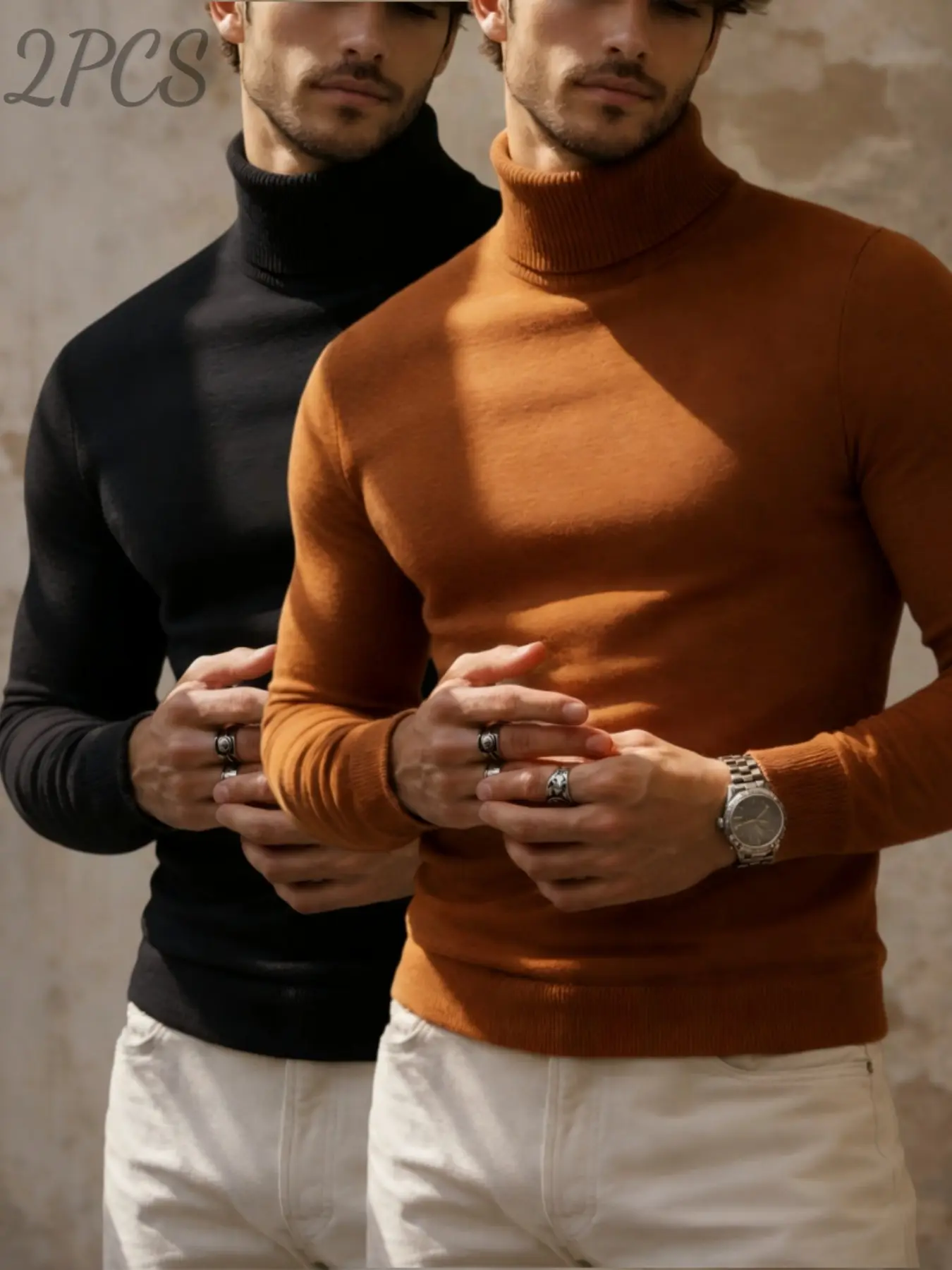 Men's 2-Pack Turtleneck Knit Sweaters, Long Sleeve Slim Fit Stretch Thermal Base Layer Tops, & Pullovers for Fall & Winter, 12 Colors