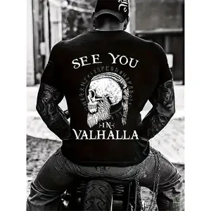 Men'S Breathable cotton Short-Sleeve T-Shirt - Features an All-Over Viking Skull And Valhalla Graphic Print, Designed in a Sporty Street Style Suitable for Running And Casual Wear, Machine Washable with a Regular Fit, Vibrant Lifestyle