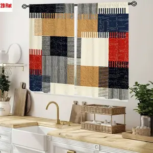 2D Flat 2Pcs Patchwork Geometric Design Curtains for Living Room Bedroom Kitchen, Modern Abstract Art Style, Textured Fabric Look, Vibrant Color Blocking, Home Decor All Seasons